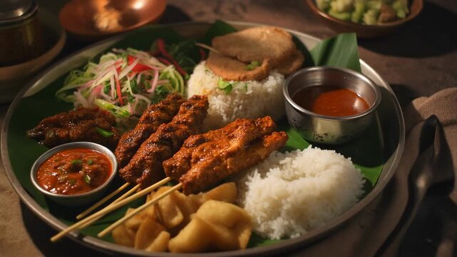 Traditional Indonesian meal with satay and rice.