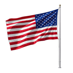 An American flag waves proudly on a flagpole against a black background.