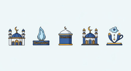Celebrate the holy month of Ramadan with festive mosque and lantern icons, perfect for greeting cards, social media posts, and event invitations during this blessed time