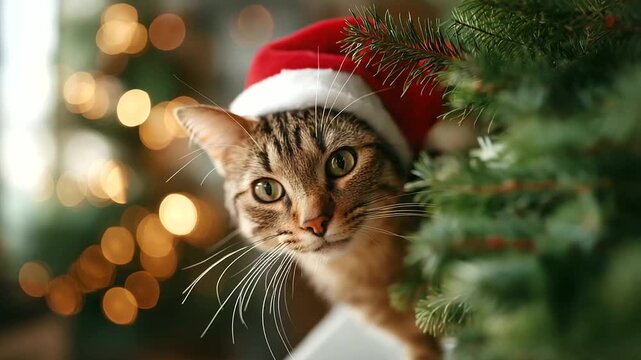 Cat wearing Santa hat beside Christmas tree cat face visible but emphasis on scene pet holiday festive cat Christmas pet holiday animal cute kitten xmas costume cat and