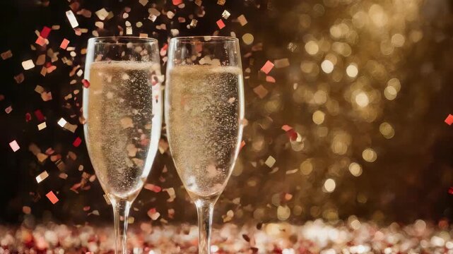 Two champagne flutes filled with bubbly, with confetti and a bokeh backdrop