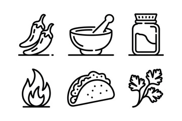Mexican food icons featuring peppers taco and spices