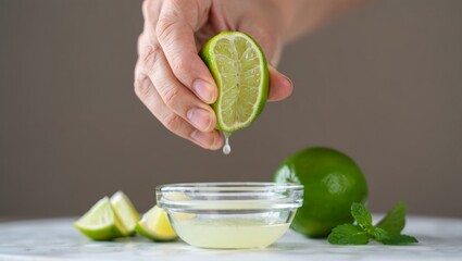 Hand squeezing fresh lime half, dripping sour juice into a glass bowl, preparing citrus ingredient for cooking, beverages, or detoxing