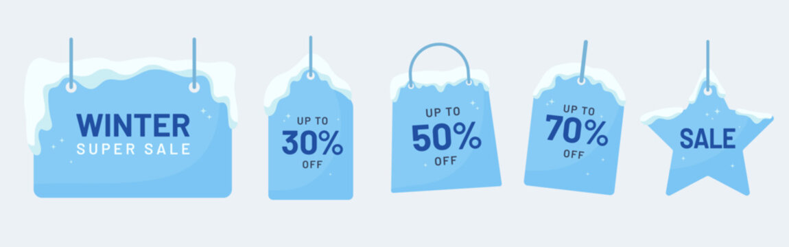 Frosty winter sale tags with snowy designs and bold discount percentages. Perfect for seasonal promotions, marketing banners, online shops, and holiday advertising materials. - Powered by Adobe