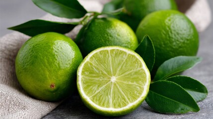 Fresh green limes with juicy cut half and vibrant leaves on rustic towel, representing healthy eating, natural flavors, and summer refreshment concepts