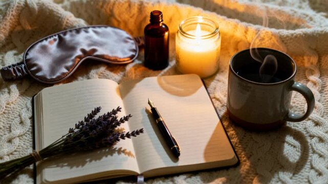 Relaxing evening scene featuring an open journal with a pen, lavender sprigs, a lit candle, a steaming mug, a silk eye mask, and an essential oil bottle on a soft knitted blanket.