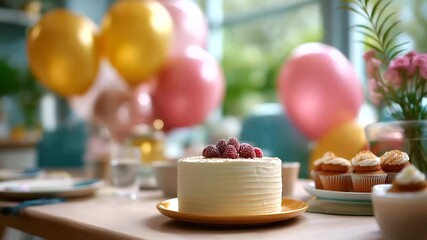 Birthday party table with cake and decorations no faces clearly visible celebration setup party table birthday decor festive arrangement dessert display colorful theme part