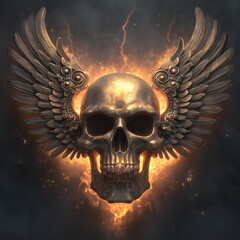 Wall Art Epic Golden Biker Skull with Thunder Lightning Wings and Fire Explosions Background