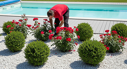 Gardener tending to red rose bushes and green shrubs in a garden with white gravel near a swimming pool on a sunny day for landscaping