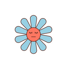Groovy retro blue flower sticker cartoon face with smiley style. Flat graphic forms the groovy element and y2k vibe. Cheerful icon suits happy, playful badge, and trendy patch for fun creative