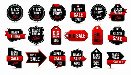 Set of black friday and big sale promotional tags, labels, and banners in black and red design for marketing campaigns and discounts, isolated on white background.