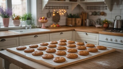Weihnachtspl&auml;tzchen liegen fertig gebacken auf einem Brett in einer modernen K&uuml;che