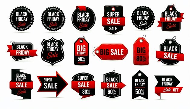 Set of black friday and big sale promotional tags, labels, and banners in black and red design for marketing campaigns and discounts, isolated on white background. - Powered by Adobe