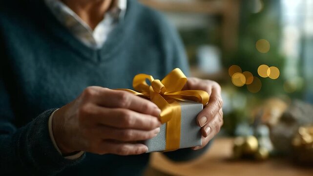 Close up of hands unwrapping Christmas present with ribbon face completely obscured gift opening moment unwrapping action holiday surprise present reveal festive excitement