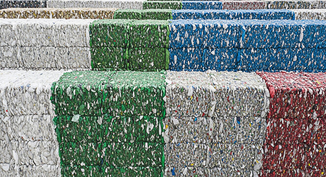 Stacked bales of recycled plastic in various colors ready for processing and manufacturing new products for a sustainable future