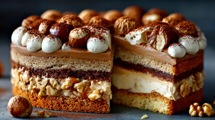 Delicious Hazelnut Tiramisu Layer Cake with Walnuts and Cream Topped with Cocoa