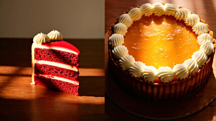 Delicious Red Velvet and Golden Cheesecake on Wooden Table: Sweet Dessert Pairing