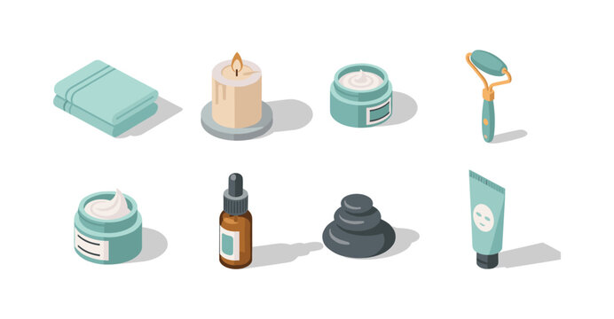 Isometric beauty essentials with skincare products and candle on white background