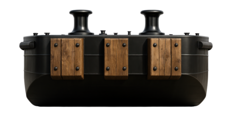 Deck barge featuring timber fenders and towing bollards.