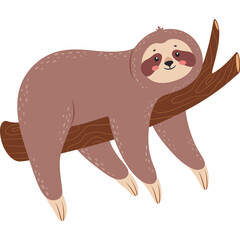 Naklejka premium Cute Cartoon Sloth Hanging From Tree Branch With Transparent Background Adorable Animal Illustration Simple Vector Art