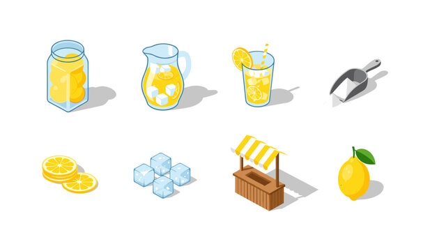 Refreshing lemonade stand with fresh lemon slices and ice cubes in isometric style