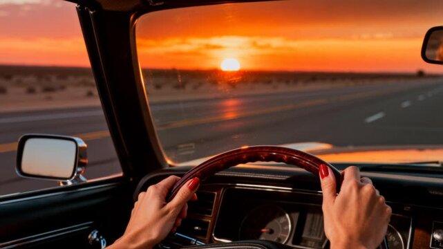 Close-up of a woman's hands on the steering wheel of a vintage car, driving on an open road during sunset. The warm hues of the sky and desert create a serene atmosphere.