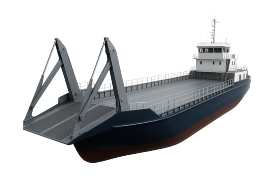 Ro-Ro barge featuring retractable ramps and decks for vehicle storage.
