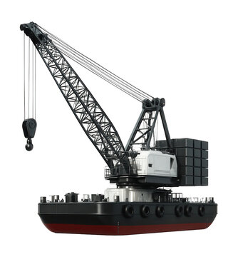 Lattice boom floating crane barge with counterweight system.