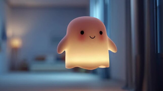 Adorable Glowing Ghost Floating in Cozy Bedroom