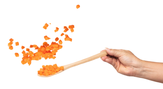Carrot fresh fly float in wooden spoon in Air turn to dice cube shape. Beta Carotene orange color in Carrot is good health. Many Dice cube carrot flying throw up in Air. White background isolated