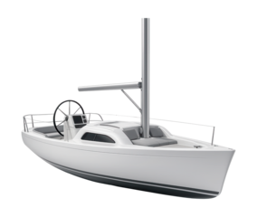 Contemporary mini-yacht featuring a roomy cockpit and built-in navigation mast.