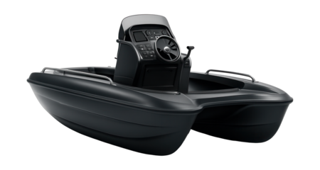 Twin-hulled mini-yacht featuring a central steering console.