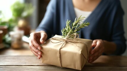 Hands wrapping present in eco friendly kraft paper with natural twine face obscured by work sustainable gift wrap zero waste Christmas environmentally friendly packaging green