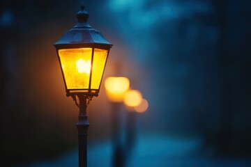 Old fashioned streetlamp glowing against blurry night