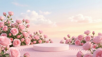 Podium background flower rose product pink 3d spring table beauty stand display nature white. Garden rose floral summer background podium cosmetic valentine easter field scene gift purple day romantic