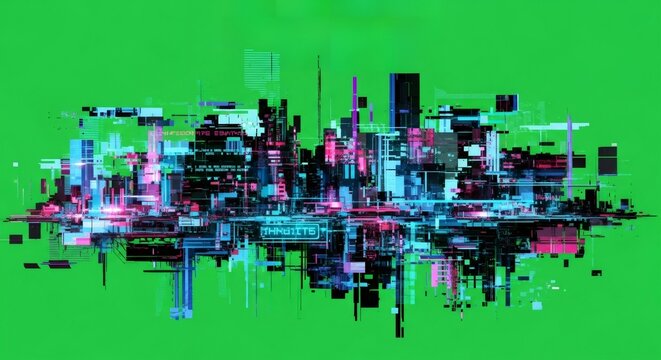 Abstract glitch city skyline with neon light effect isolated on a green virtual screen. Digital cyber city for video background.