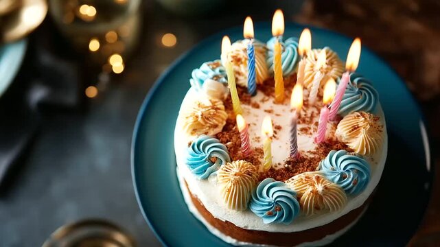 Overhead view of birthday cake with candles ready to blow no faces visible celebration dessert flatlay party cake birthday tradition festive sweets candle lighting top view