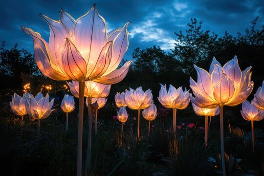 Lit lotus flowers glowing on water in night garden