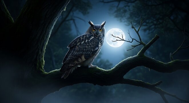 Majestic Owl Perched on a Branch Under the Full Moon. - Powered by Adobe