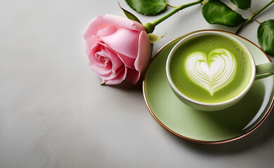Matcha green tea latte art on white table background with heart shape pattern and a pink rose in Valentine's Day theme.
