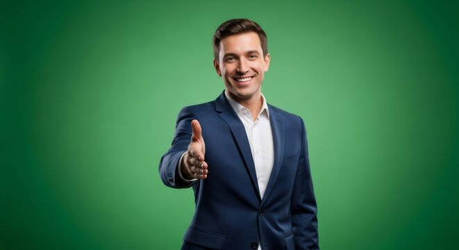 Smiling man extends hand for handshake on green screen. Business greeting gesture for chroma key background removal. - Powered by Adobe