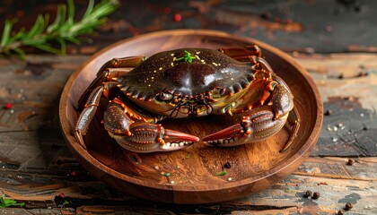 A close-up shot of a cooked crab, exquisitely presented on a wooden plate, evoking a sense of culinary delight.