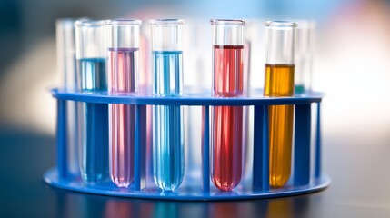 Colorful Test Tubes Hold Various Liquid Samples for Scientific Experiments in a Laboratory Setting