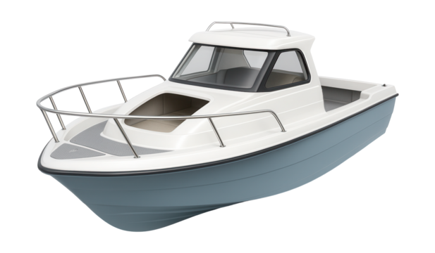 Compact fishing boat with cozy sleeping space and protective bow rails.
