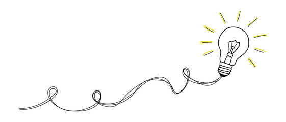 Hand drawn sketch of a glowing light bulb connected by a wire representing an idea © ABID