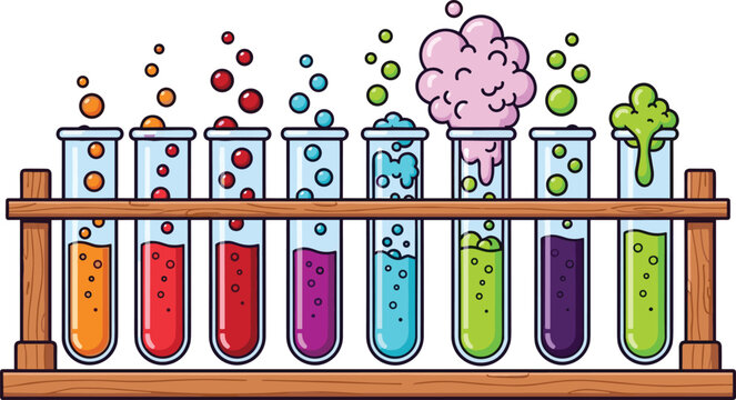 Whimsical cartoon illustration of a chemistry set with a rack of test tubes bubbling over with colorful, fizzy chemical reactions