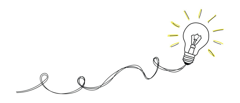 Hand drawn sketch of a glowing light bulb connected by a wire representing an idea - Powered by Adobe