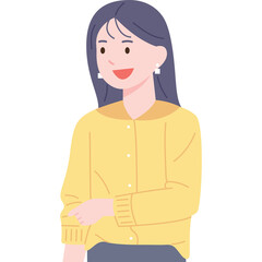 A Young Woman With Dark Hair Wearing a Yellow Cardigan and Gray Skirt Smiling Gently With Her Left Hand Gesturing Towards Her Sleeve Against a Transparent Background Pixel Art