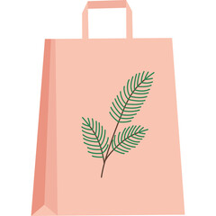 A Soft Pink Shopping Bag Adorned with a Green Pine Branch Illustration Isolated on a Transparent Background Ideal for Retail and Festive Promotions