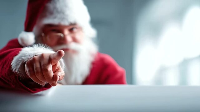 Santa Claus figure pointing at blank white advertisement banner Santa face visible but emphasis on banner space Christmas advertising concept holiday marketing promotional
